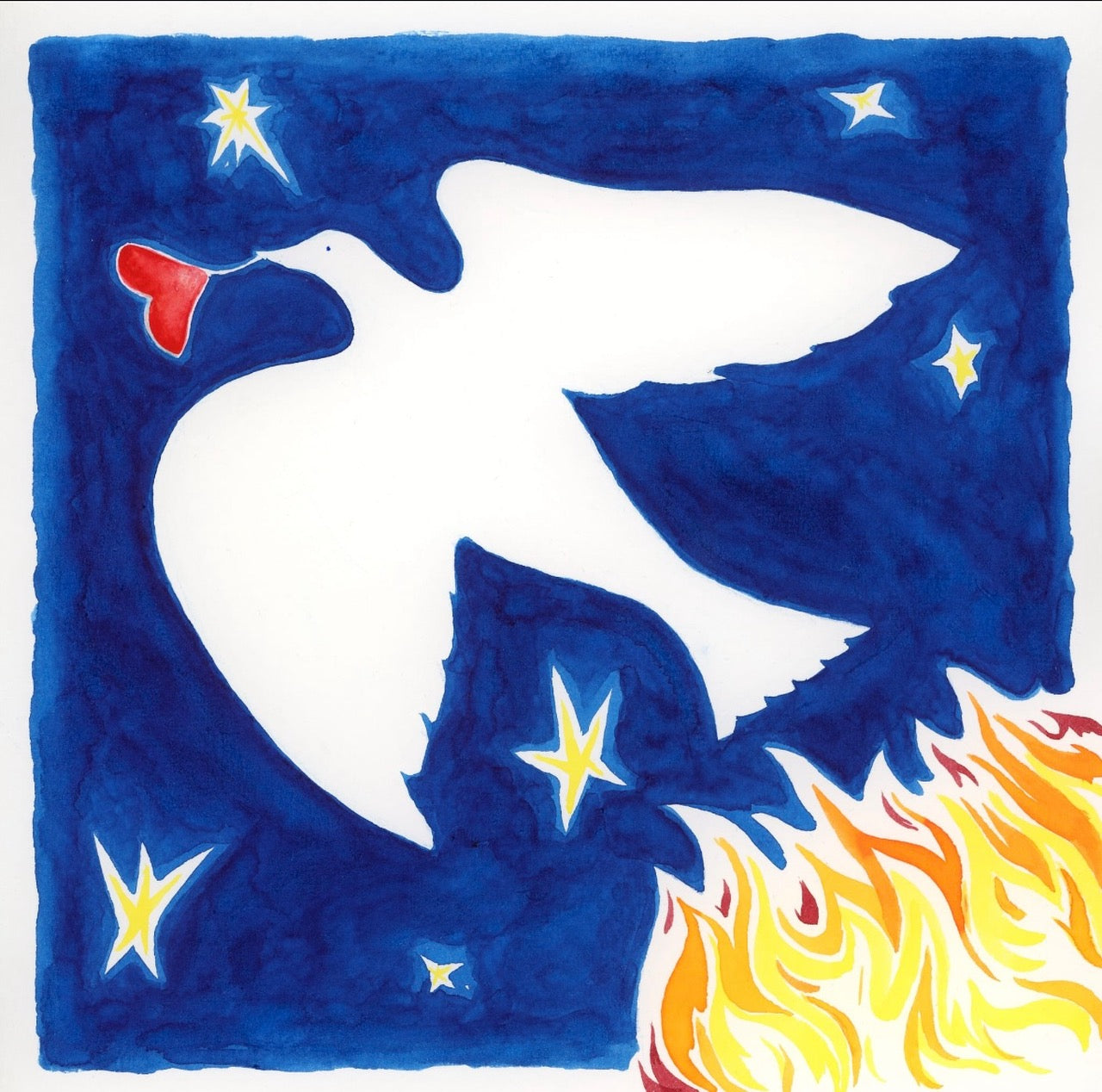 A drawing of a white bird holding a heart moving away from the flames